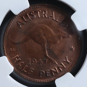 Half penny 1947 Australia KM#41 NGC MS-63 RB Bronze Australie 1/2 - Picture 1 of 4
