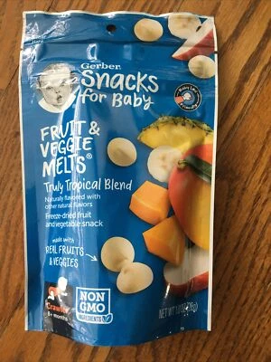 Paquete de 3 bocadillos para bebé Gerber Frutas y Verduras Derretidas Mezcla Verdaderamente Tropical - 1 OZ Foto 1 de 2