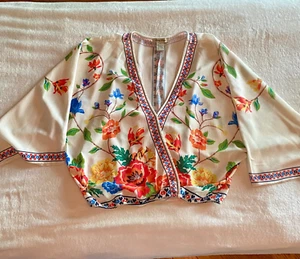 Flying Tomato Boho Cropped Top Medium Floral Kimono Sleeves V Neck Elastic Waist - Picture 1 of 14