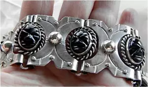 Sterling Old Mexico 1 5/16" Wide Onyx Aztec Mask Bracelet-7 1/2"-65g - Picture 1 of 6