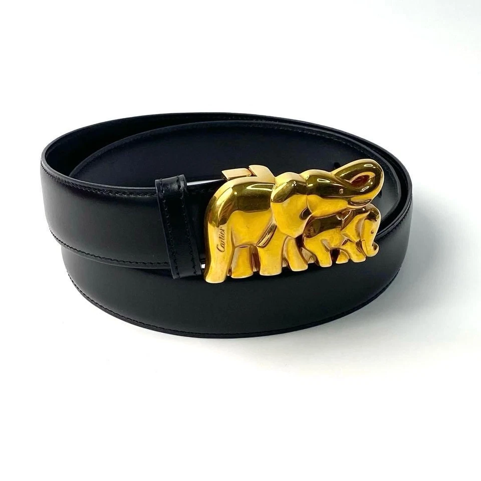 Cinturón de cuero Cartier motivo elefante negro dorado para mujer 36,6 pulgadas con caja Foto 1 de 4