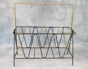 Mid Century Atomic Vintage Brass & Black Metal Wire Magazine Vinyl Record Rack - Picture 1 of 5
