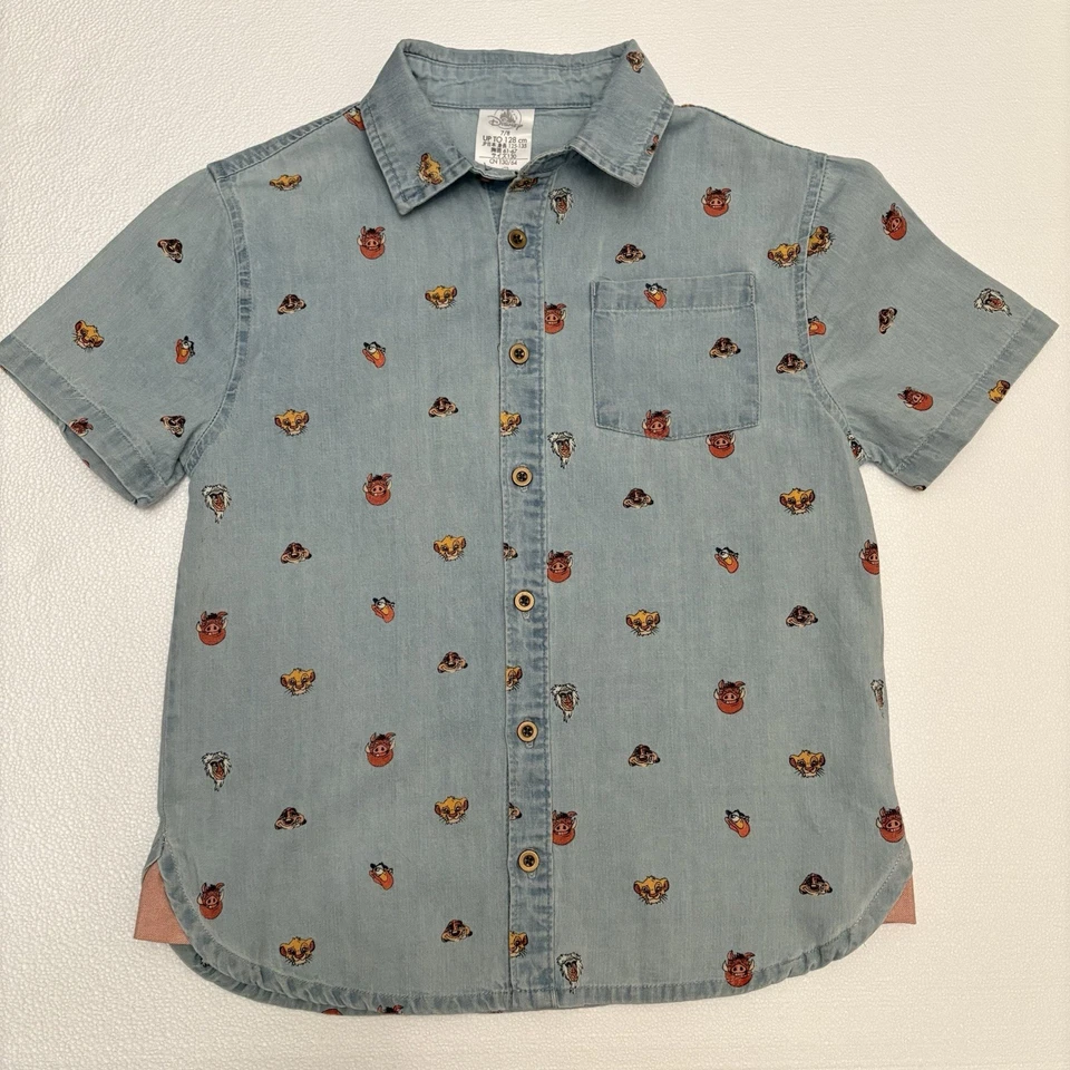 Vtg Disney  Lion King Soft Denim Button Up Shirt Boys Sz  7/8 Timon Pumba - Image 1 of 4