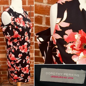 DOROTHY PERKINS Size 14 Black Peach Floral Dress Wedding Evening Excellent S4 - Picture 1 of 7