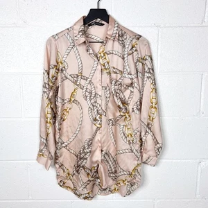 Zara Chain Print Satin Button Down Shirt Womens XS Pink Long Sleeve Blouse - Picture 1 of 6