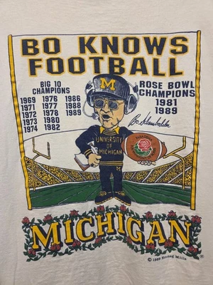 Camiseta XL de fútbol americano Michigan vintage rara 1989 Bo Schembechler Bo Knows adulto Foto 1 de 4