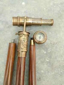 Brass Telescope Compass On Top Head Handle Wooden Walking Stick Cane Hidden Gift - Picture 1 of 5