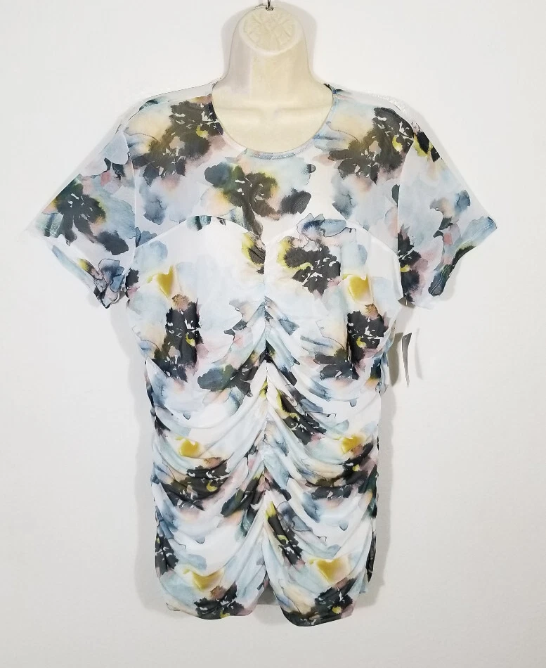 TORRID 2 Plus Size Stretch Mesh Crew Neck Ruched Top White Floral Tee 2X