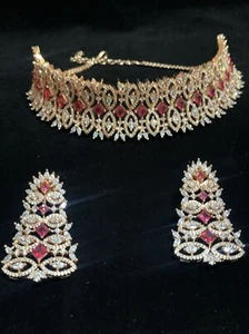 Luxury Necklace Set In Choker Style- Rose Gold (cubic Zirconia & Red Gemstones) - Picture 1 of 20