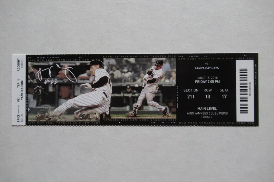 ПОЛНЫЙ БИЛЕТ NEW YORK YANKEES VS TAMPA BAYRAYS 15.06.2018 ~ ДЖАКОБИ ЭЛЛСБЕРИ - Изображение 1 из 1