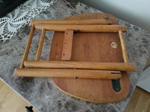 Vtg NEVCO Fold ‘N Carry Wooden Stool Collapsible Yugoslavia Farmhouse Pat Pend Cover