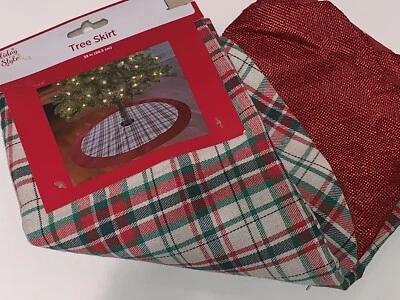 Holiday Style Christmas Tree Skirt Red & Green Plaid w/ Red Border 38" New - Image 1 of 4