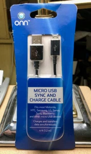 Onn 4 Ft. Micro USB SYNC & CHARGE CABLE, New in Sealed Package, FREE SHIPPING - Picture 1 of 3