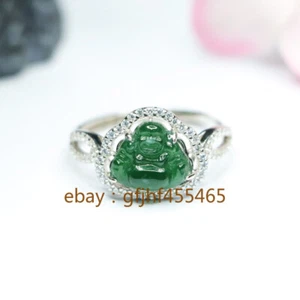 Certificate Natural grade A jadeite Green Buddha Ring S925 silver set adjustable - Picture 1 of 5