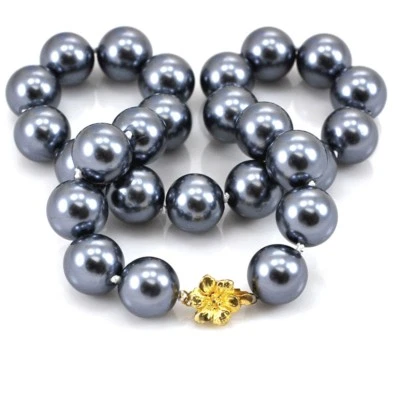 16mm Tahitian Black XL Shell pearl Knotted statement necklace Flower clasp 18" - Image 1 of 4