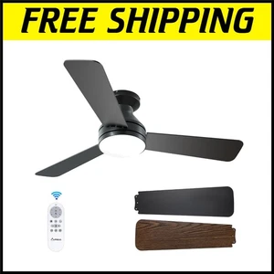 42-inch Flush Mount Ceiling Fan with Dimmable Light and Remote Control - Black - Picture 1 of 10