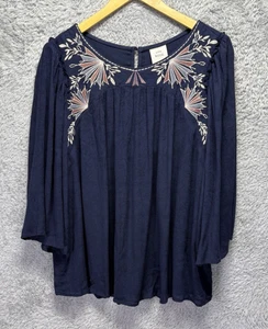 Knox Rose Womens XXL Top Navy Embroidered Peasant Boho Ruffle 3/4 Slv Rayon NWT - Picture 1 of 11
