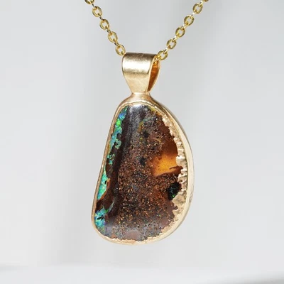 Vintage Green Blue Australian Boulder Opal Pendant Gold Over Sterling Silver 925 — 第 1/4 张图片