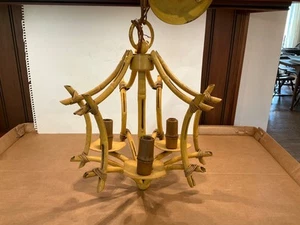 Vintage MCM Chandelier Metal Bamboo Look Style 3 Light Chandelier 12” W X 16” T - Picture 1 of 16