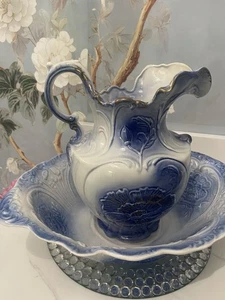 RARO Antiguo 1800 Corona M-C Jarra Y Lavabo de Mano Grande Azul Perfecto - Imagen 1 de 18