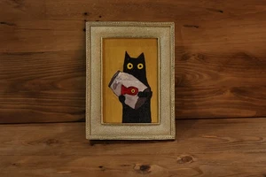 Katze Angeln lustig Original Acryl Gemälde schwarze Katze mit Aquarium 4" x 6" - Bild 1 von 2