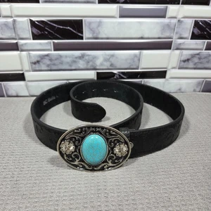 Faux Turquoise Stone Metal Buckle BC Belts Leather Embossed Floral Black Size L - Bild 1 von 8