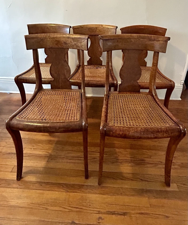 Antique Federal Side Chairs Birdseye & Tiger Maple Curved Backs Set Of 5 - Image 1 of 4