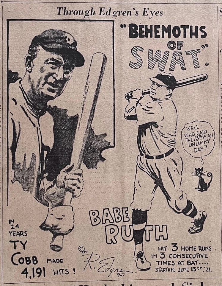 Panel de periódico 1934 de Edgren "Behemoths of Swat" - Ty Cobb, Babe Ruth Foto 1 de 1