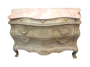 French Antique Painted Louis XV Chest | Marble Top | Carved Drawers & Curves - Picture 1 of 13