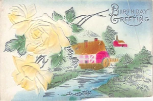 Postal: Felicitación de cumpleaños, en relieve, Molino y rosas amarillas, publicada 1911 - Imagen 1 de 2