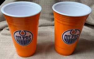 Edmonton Oilers Orange Tailgate Tummbler Hard Plastic 18 oz. Set of Two EUC - Picture 1 of 4