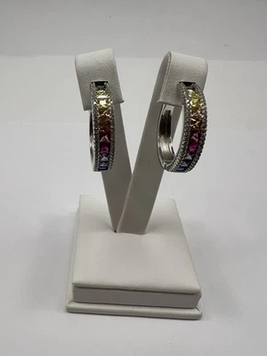 Pendientes de aro de plata de ley 925 corte princesa circonita multicolor Foto 1 de 4