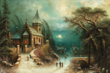 Winter church scene Oil painting Giclee Art HD Printed on canvas or Silk