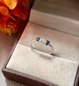925 Sterling Silver Ring Women With Natural Moissanite & Sapphire Gemstone FJ12 - Picture 1 of 4
