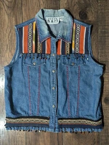 Keren Hart Vintage Colorful Native Western Style Denim Vest Embroidered Size L - Picture 1 of 16