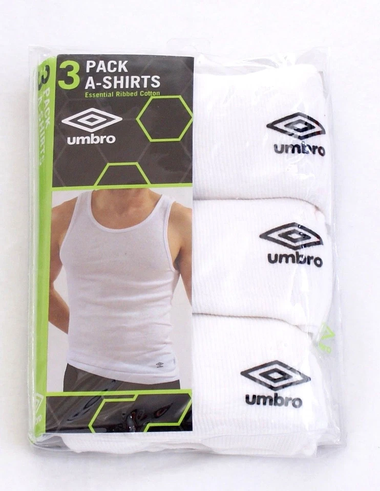 Camisa sin mangas Umbro A-Shirts blanca de algodón acanalado paquete de 3 nuevas en paquete para hombre  Foto 1 de 1