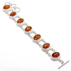 Brazalete de joyería de plata de ley 925 hecho a mano con piedras preciosas de ámbar báltico tamaño 7-8" - Imagen 1 de 1