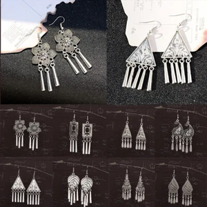 Vintage Tibetan Carved Tassel Earrings Women's Boho Ear Hook Drop Dangle Jewelry - Picture 1 of 55