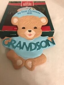 Grandson Baby Boy First Christmas 1991 Hallmark Ornament  blue teddy bear