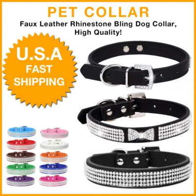 Luxury Rhinestone Diamond Studded Bling Faux Leather Dog Collar High Quality - Image 1 of 4