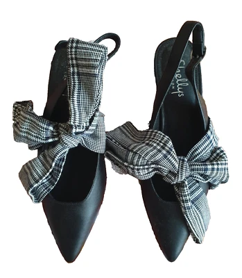 🖤🤍Shelleys London слинга назад туфли w черный и белый ткани бант котенок каблук-5/36 - Изображение 1 из 4
