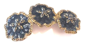 Rare Vtg Black Mourning Brooch, 3 Flowers Gold-tone trimmed in Black Enamel. 4" - Picture 1 of 16
