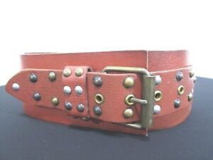 Linea Pelle Brass Studded Brown Leather Wide Women's Belt Sz S, 26"-30"