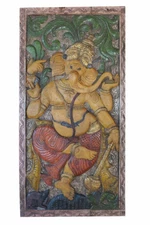 Vintage India Door Panel Carved Wood Ganesha Sculpture, Artistic Colorful Decor