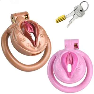 With 4 Curve Rings Lock Devices Resin Male Sissy Realistic Pussy Chastity Cage - Picture 1 of 24