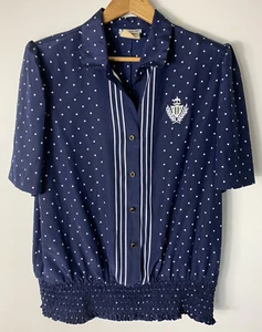 Vintage 80s Ladies Size 18 Top Blue White Polka Dot Elastic Waist Shoulder Pads - Picture 1 of 5