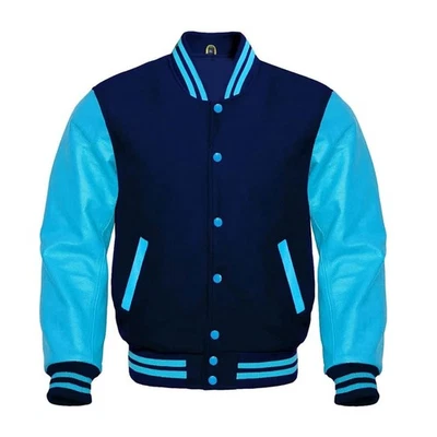 Two-Tone Men’s Letterman Jacket  Navy and Sky Blue Varsity Style Bomber Coat Ad - Image 1 of 4