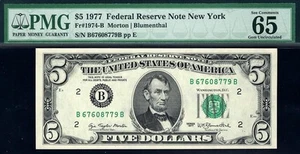 1977 $5 New York Federal Reserve Note FRN • 1974-B • PMG 65 EPQ - Picture 1 of 2