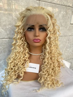 Pelucas largas rizadas de encaje frontal rubias #613 de fibra resistentes al calor para mujeres suaves Foto 1 de 4