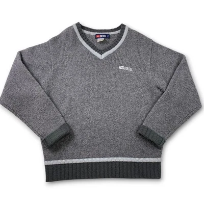 Vintage Y2K Diesel Wool Sweater V-Neck Knit Pullover Men's Medium Gray Striped - Image 1 of 4